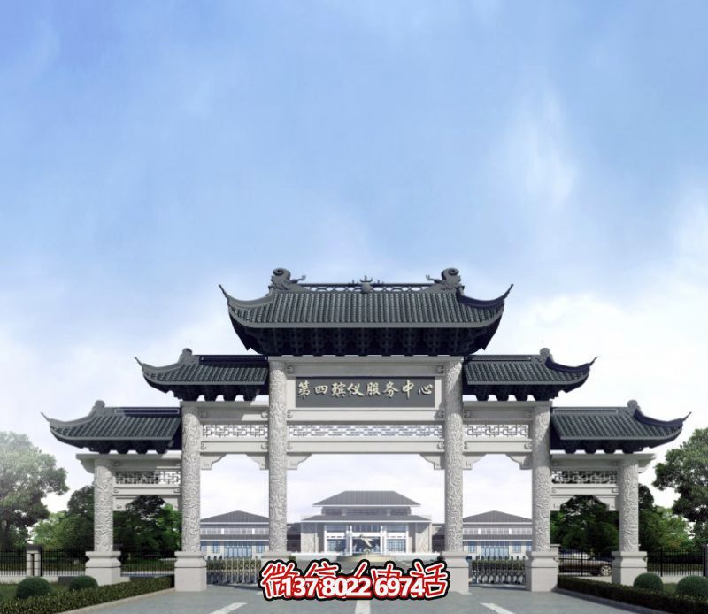 一座新式殯儀館五門景觀、青瓦斗拱、牌樓等高雅裝飾